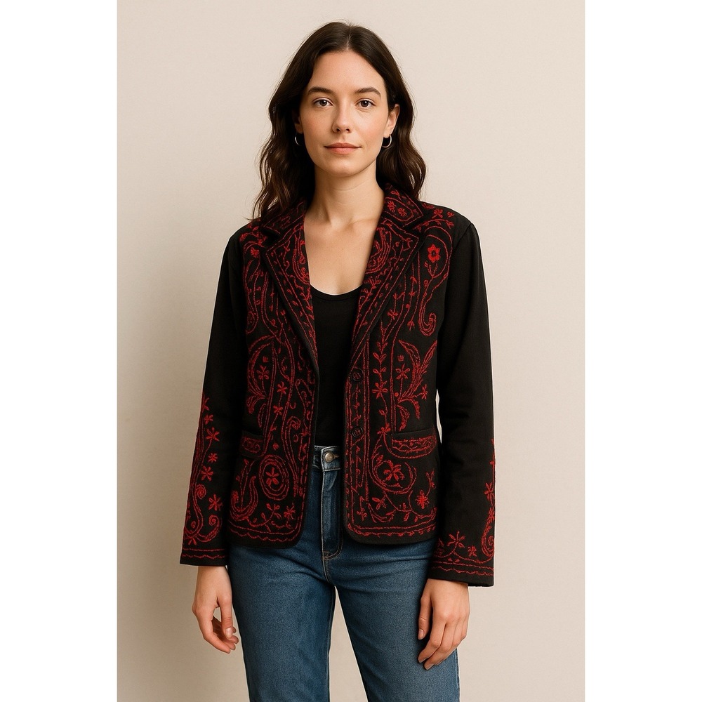 New Direction Jacket Womens M Black Red Embroidered Boho Southwest Folk Art